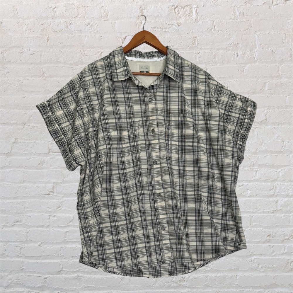 Ridgecut Toughwear Womens 2X Gray White Plaid Short Sleeve Button Down Shirt